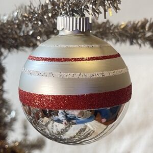 Radko Shiny Brite Glitter Striped Ornament Ball Red Silver White Matte‎ Mcm